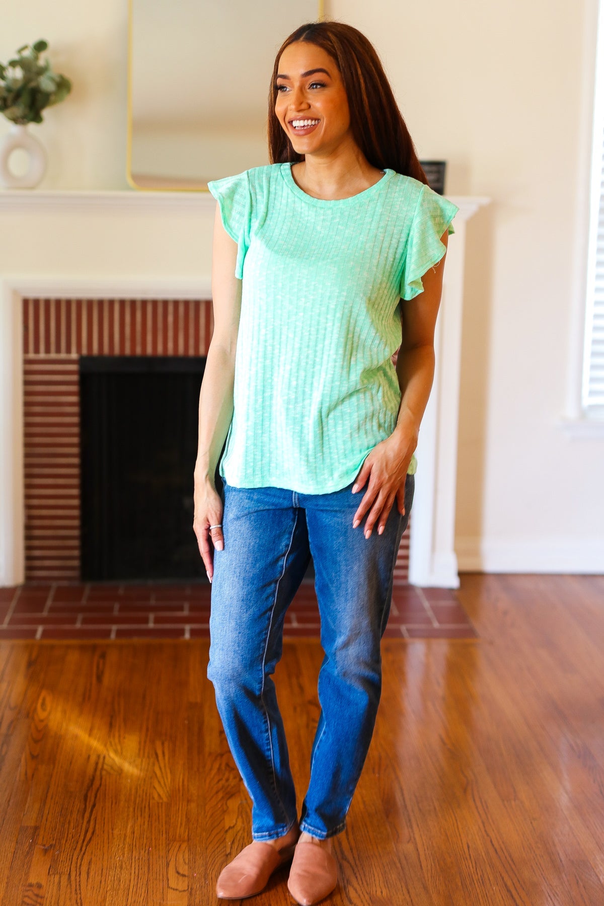 Hello Beautiful Mint Two-Tone Wide Rib Ruffle Sleeve Top