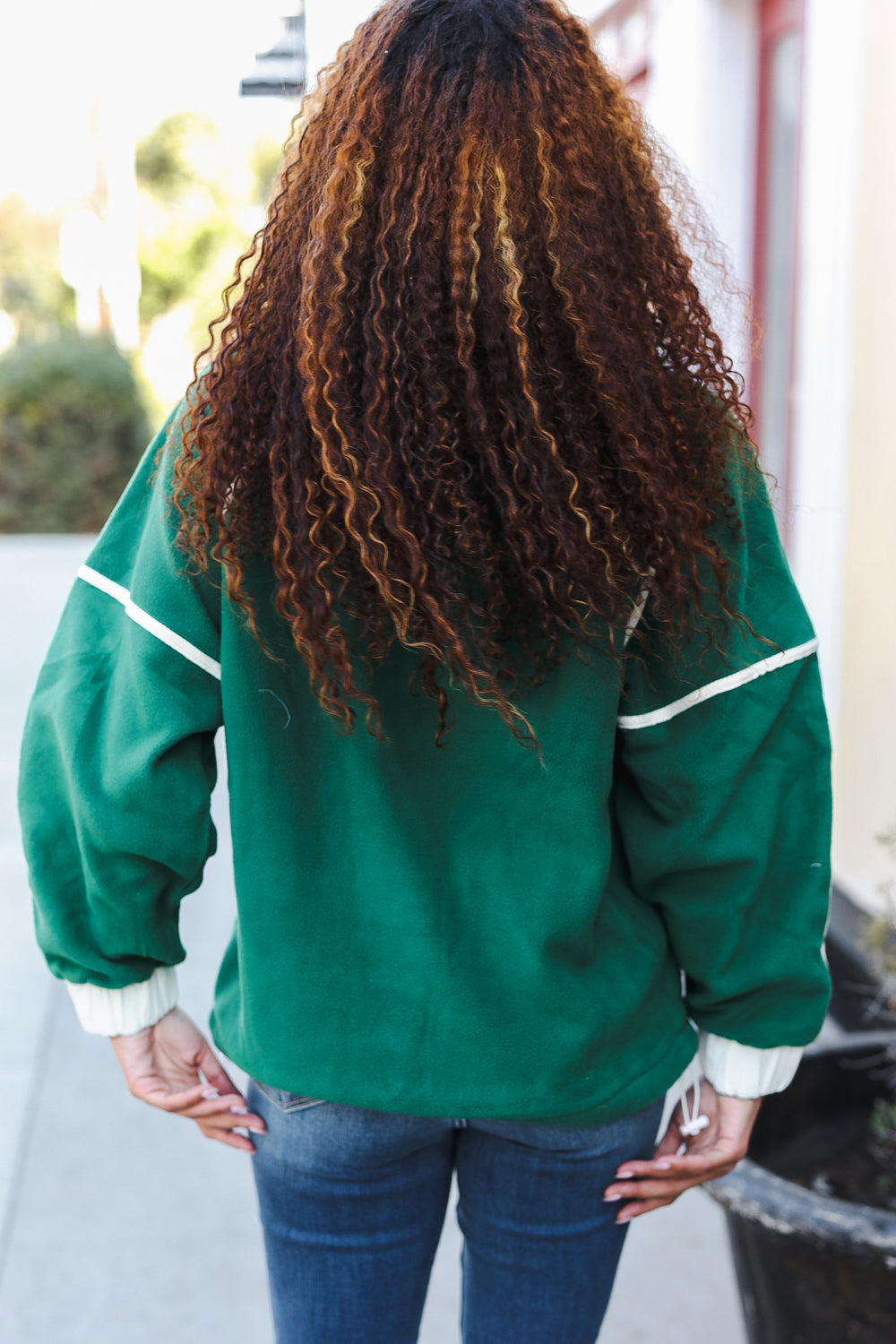 Catch Glances Green Cinched Waist Half Zip Up Fleece Jacket