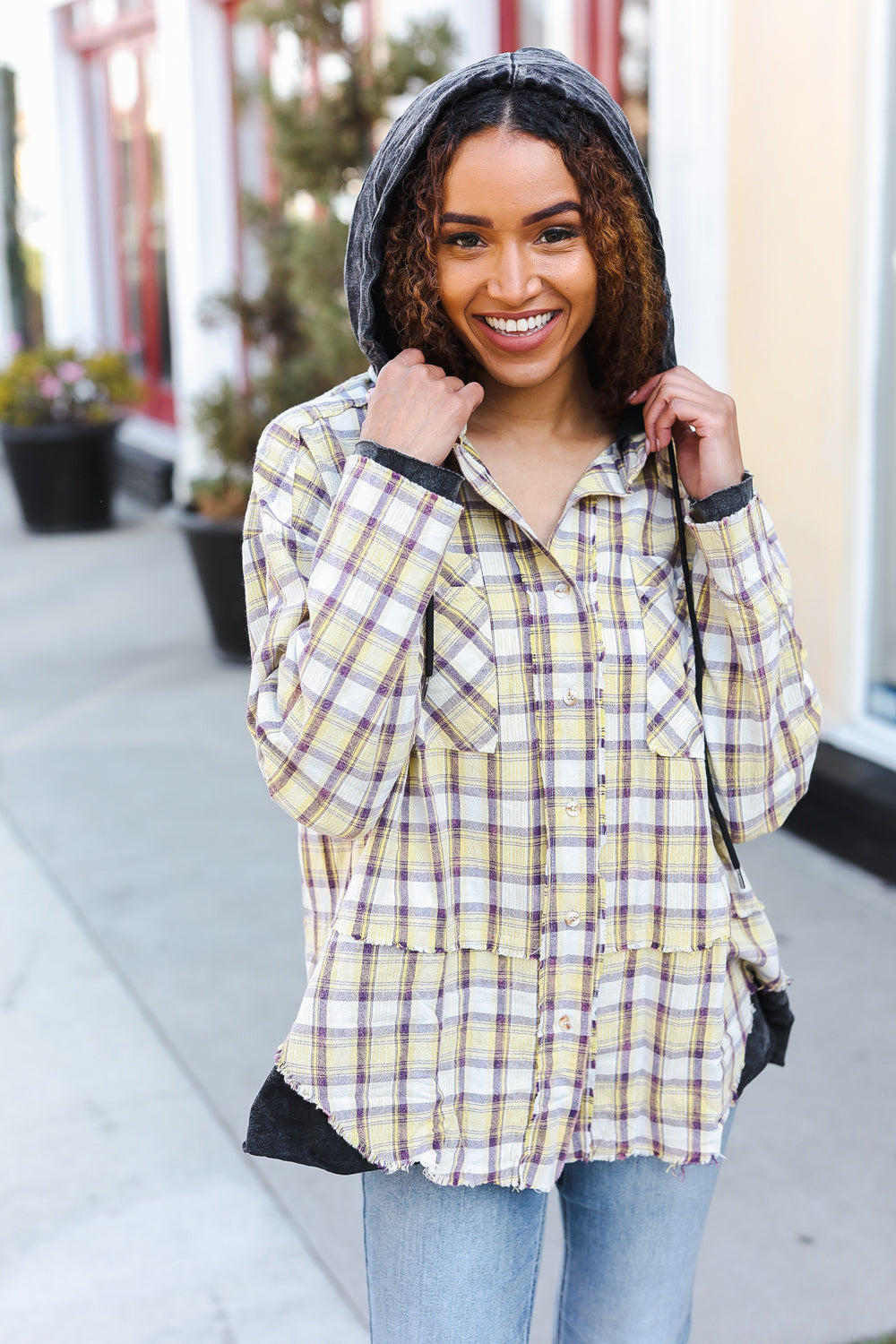 Casual Living Taupe & Yellow Plaid Two Fer Shacket Hoodie