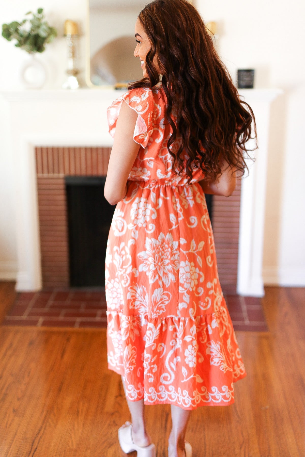 Sunset Boho Ethnic Floral V Neck Flutter Sleeve Dress