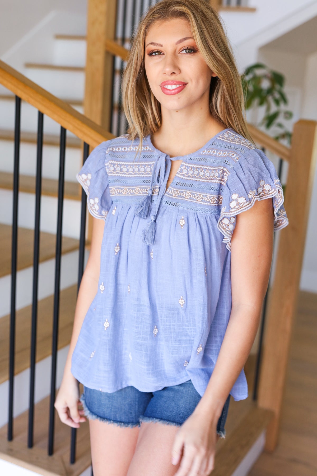 Remember Me Blue Cotton Embroidered Scalloped Sleeve Top