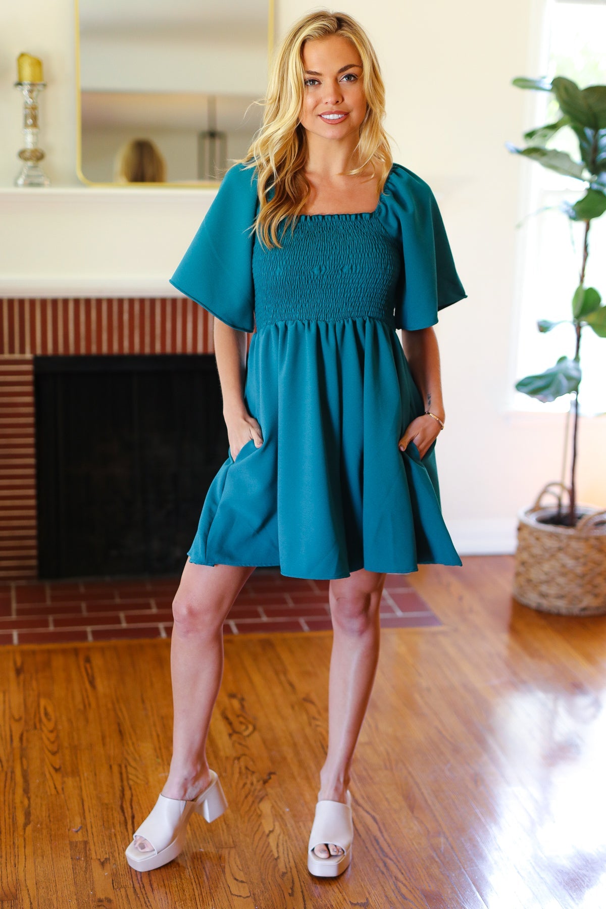 Feeling Playful Teal Smocked Flutter Sleeve Romper