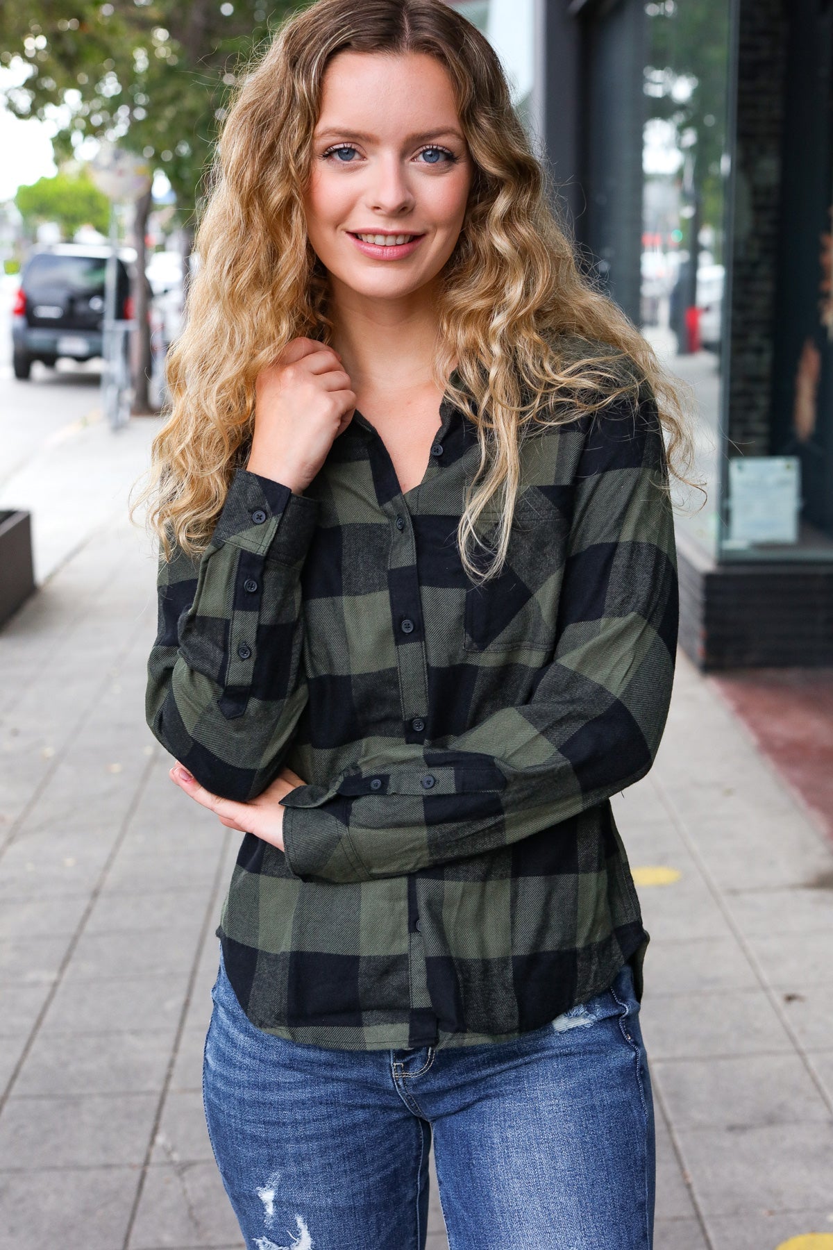 Casual Chic Army Green Plaid Button Down Long Sleeve Top