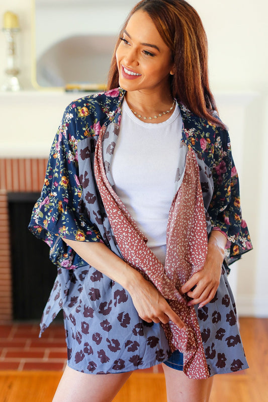 Seize The Day Animal & Floral Print Color Block Kimono