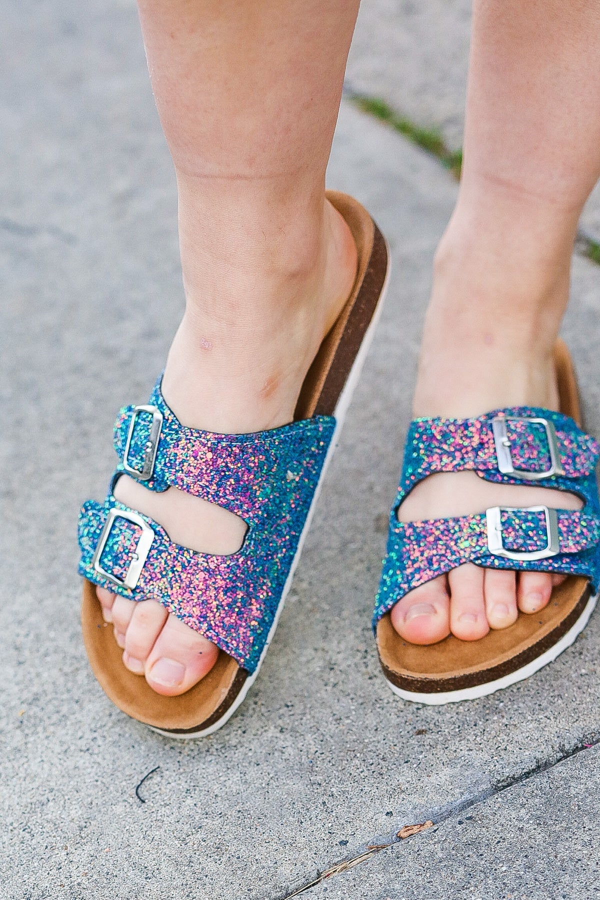 Teal Glitter Cork Bed Buckle Slip-On Sandals