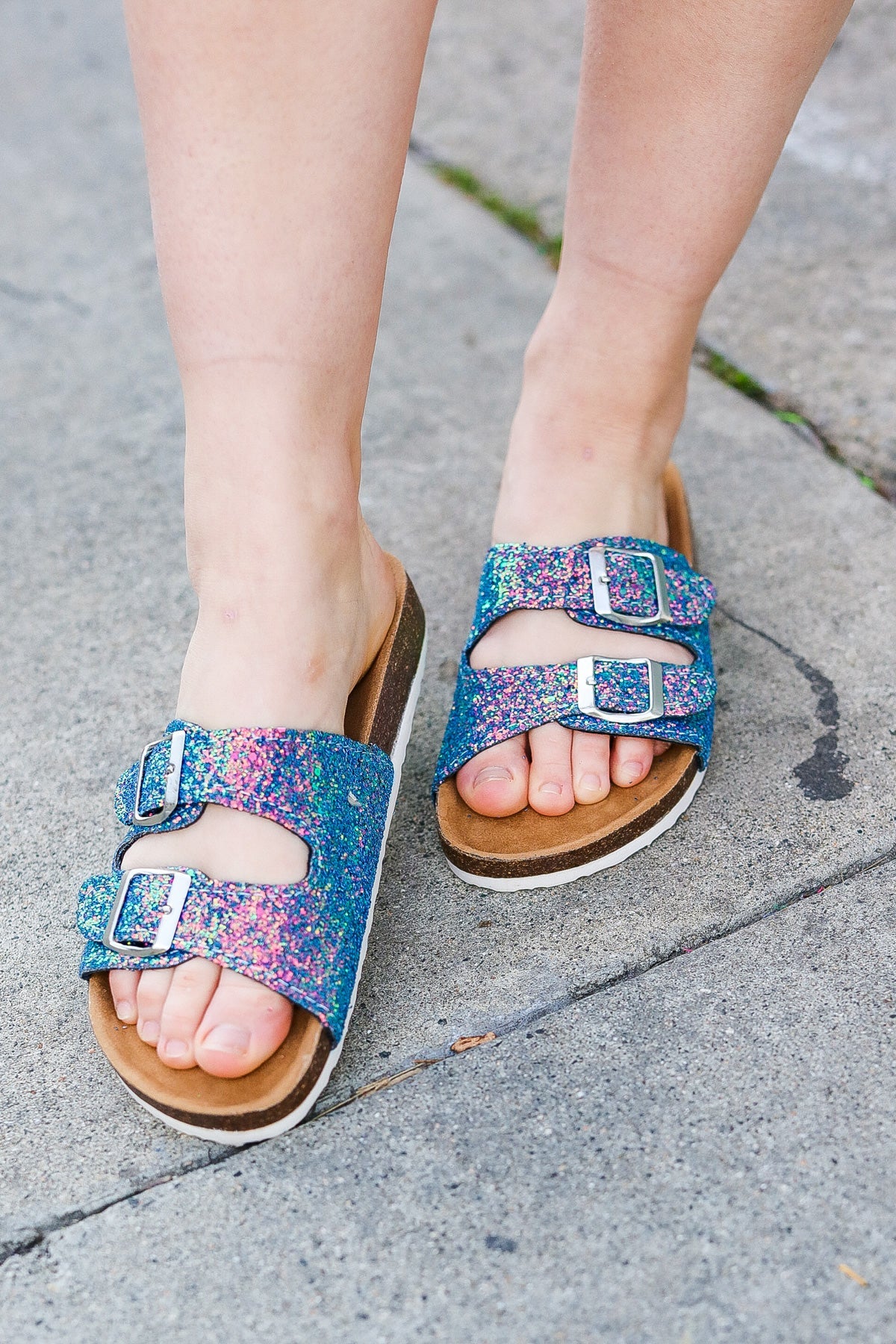 Teal Glitter Cork Bed Buckle Slip-On Sandals