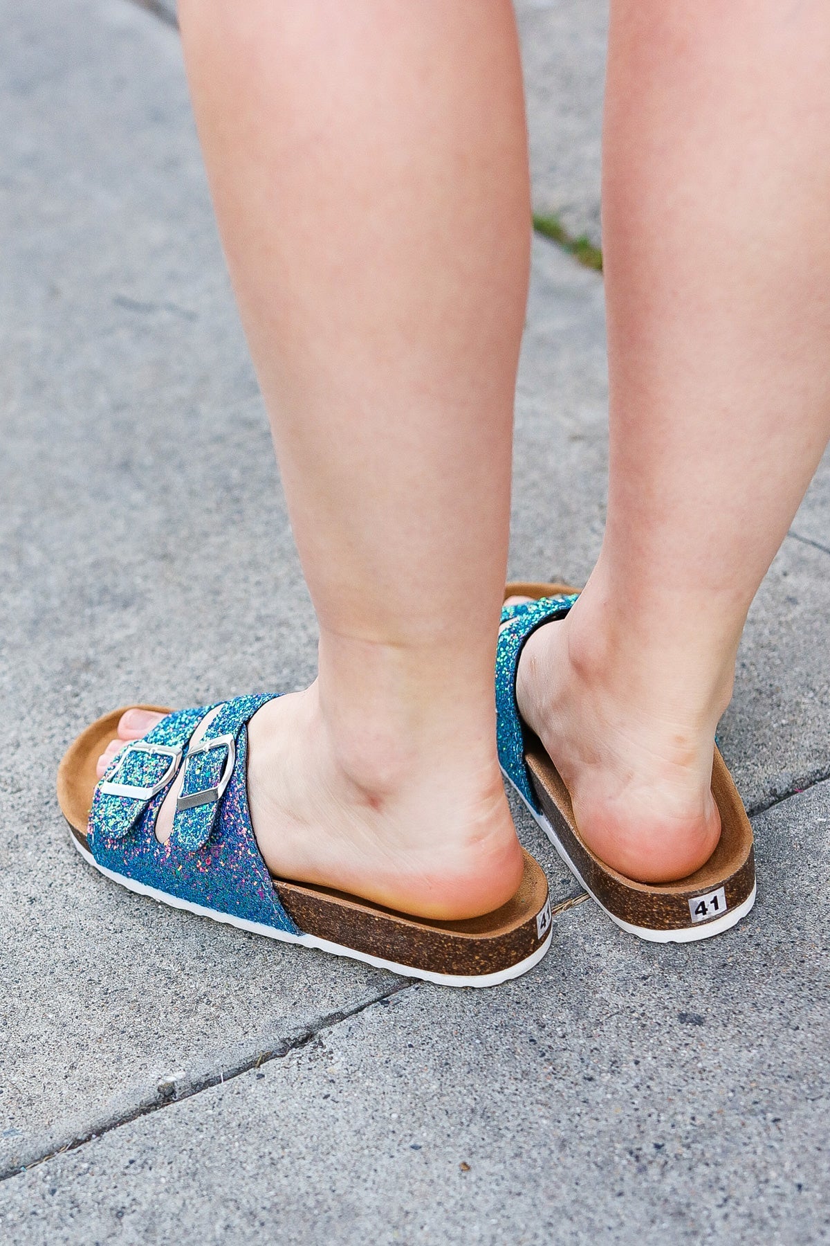 Teal Glitter Cork Bed Buckle Slip-On Sandals