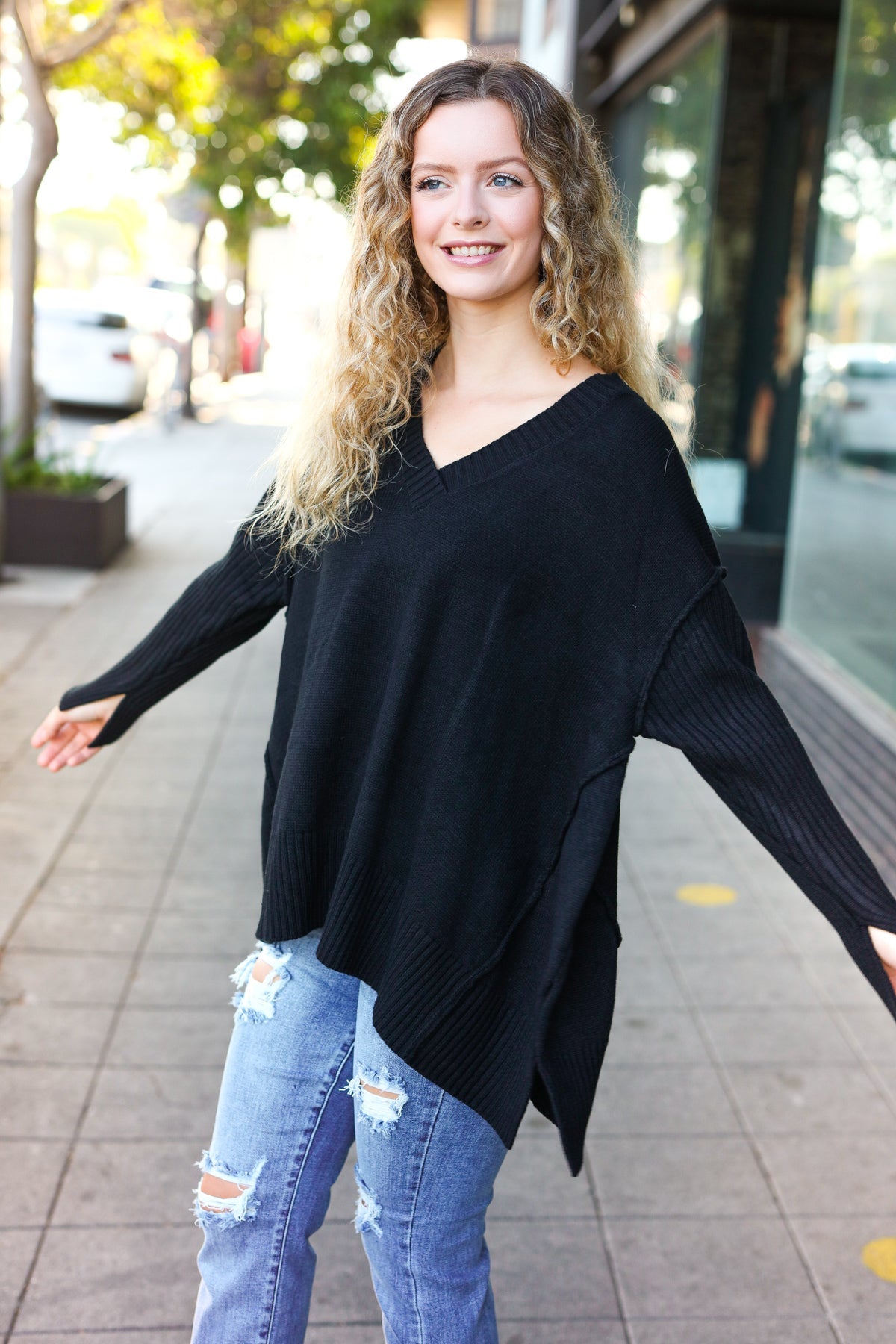 Casual Chic Black Oversized V Neck Rib Knit Sweater