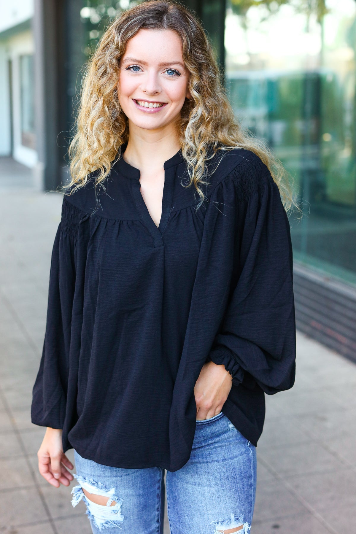 Boho Vibes Black Notched Neck Smocked Bubble Sleeve Top