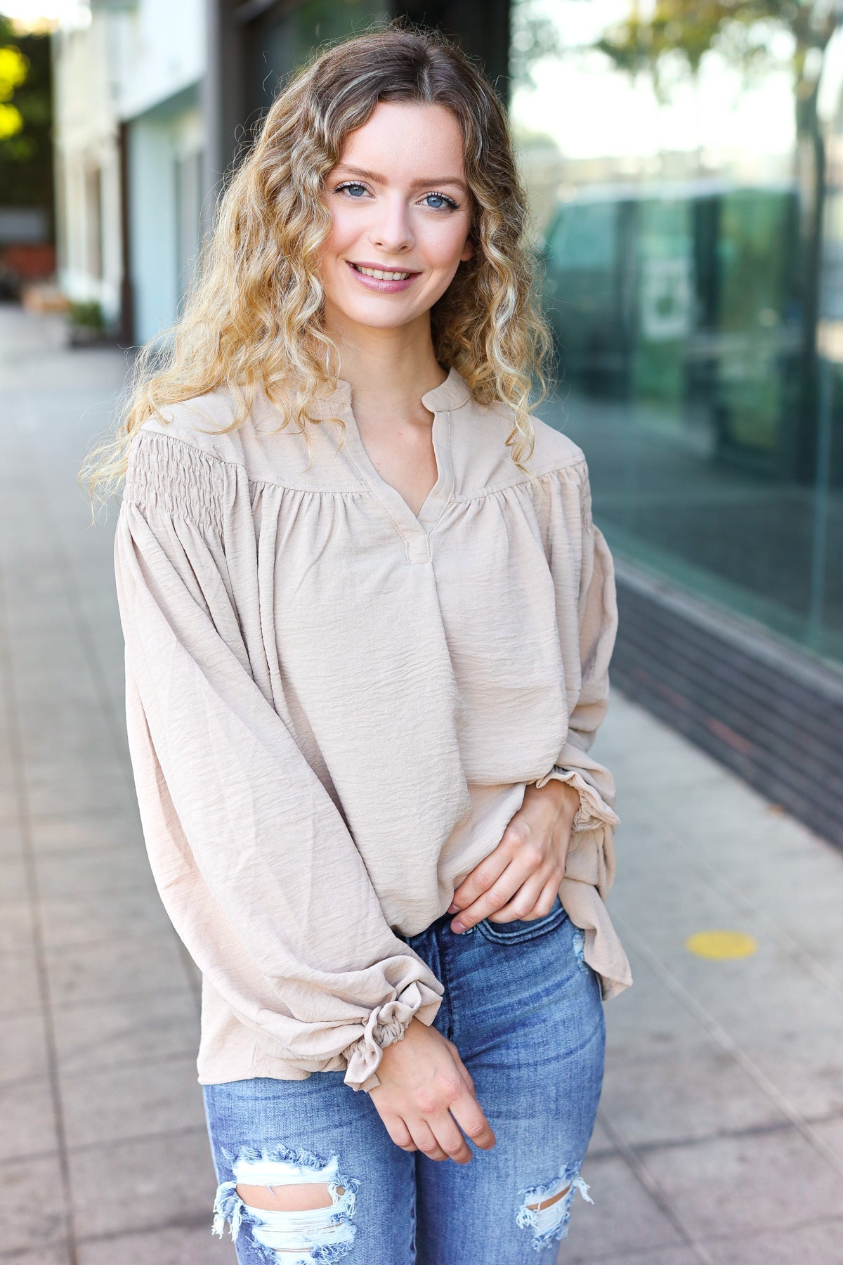 Boho Vibes Taupe Notched Neck Smocked Bubble Sleeve Top