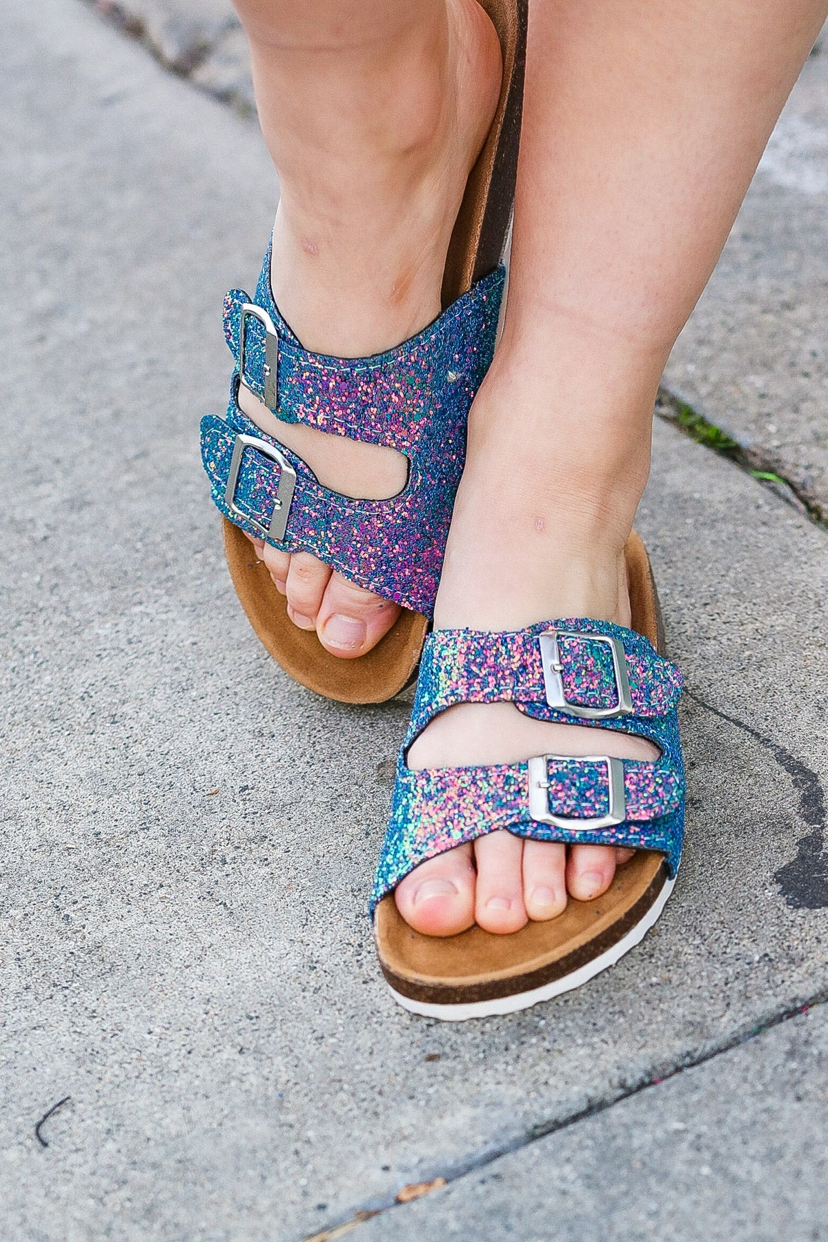 Teal Glitter Cork Bed Buckle Slip-On Sandals