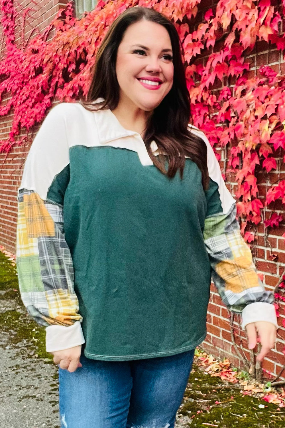 Fall For You Hunter Green Plaid Color Block Collared Terry Top