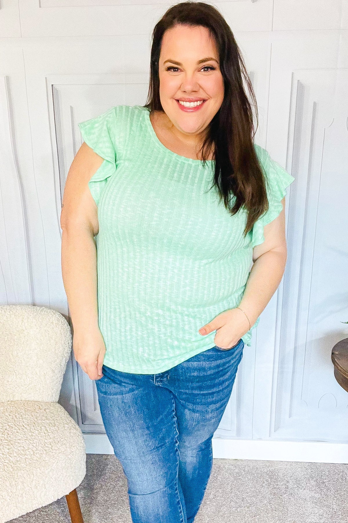 Hello Beautiful Mint Two-Tone Wide Rib Ruffle Sleeve Top