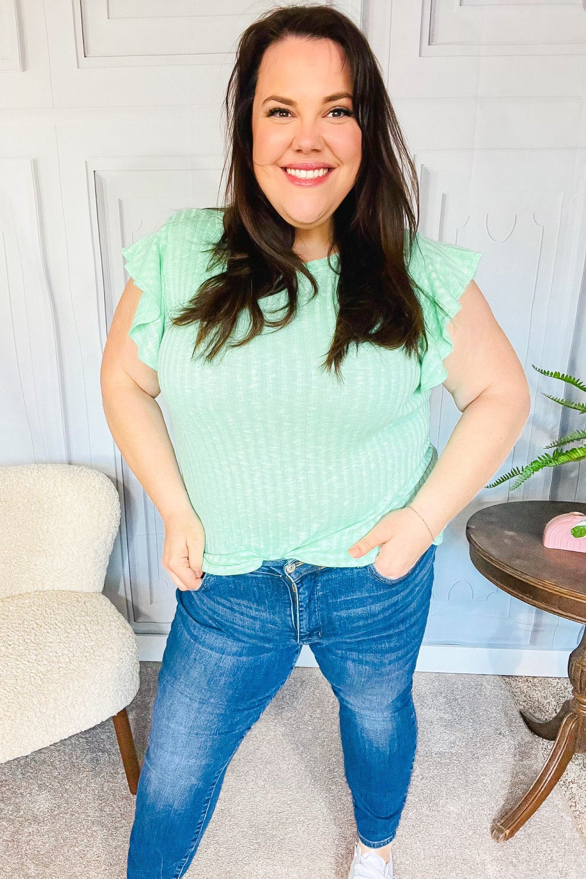 Hello Beautiful Mint Two-Tone Wide Rib Ruffle Sleeve Top