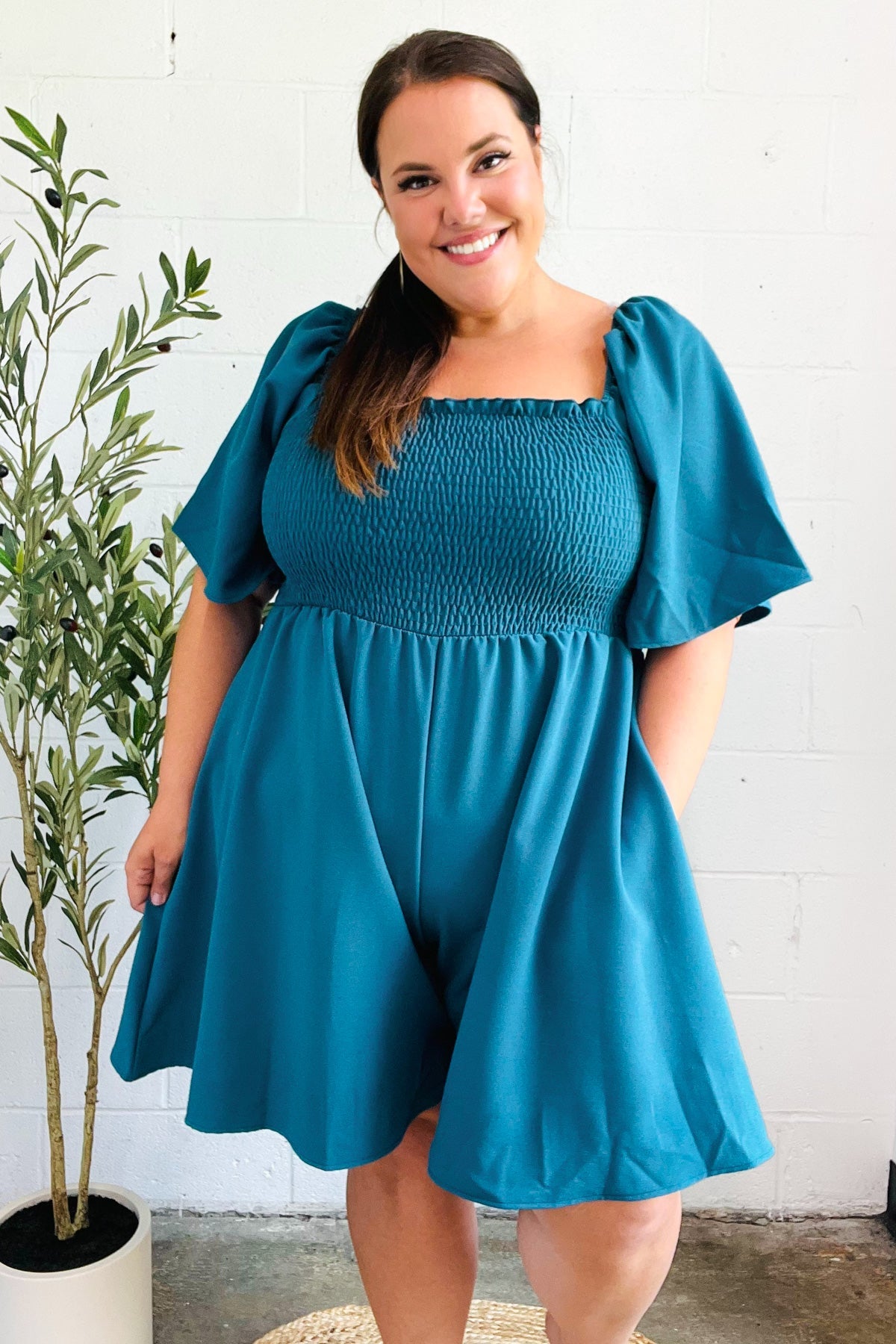 Feeling Playful Teal Smocked Flutter Sleeve Romper