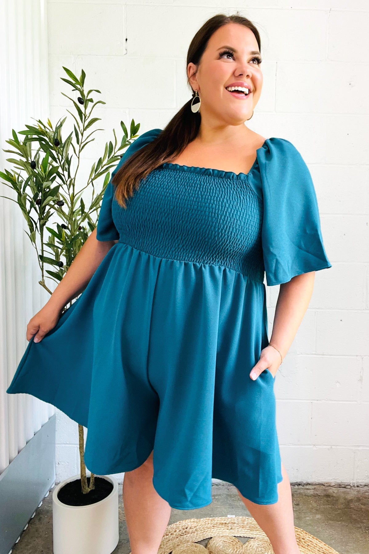 Feeling Playful Teal Smocked Flutter Sleeve Romper